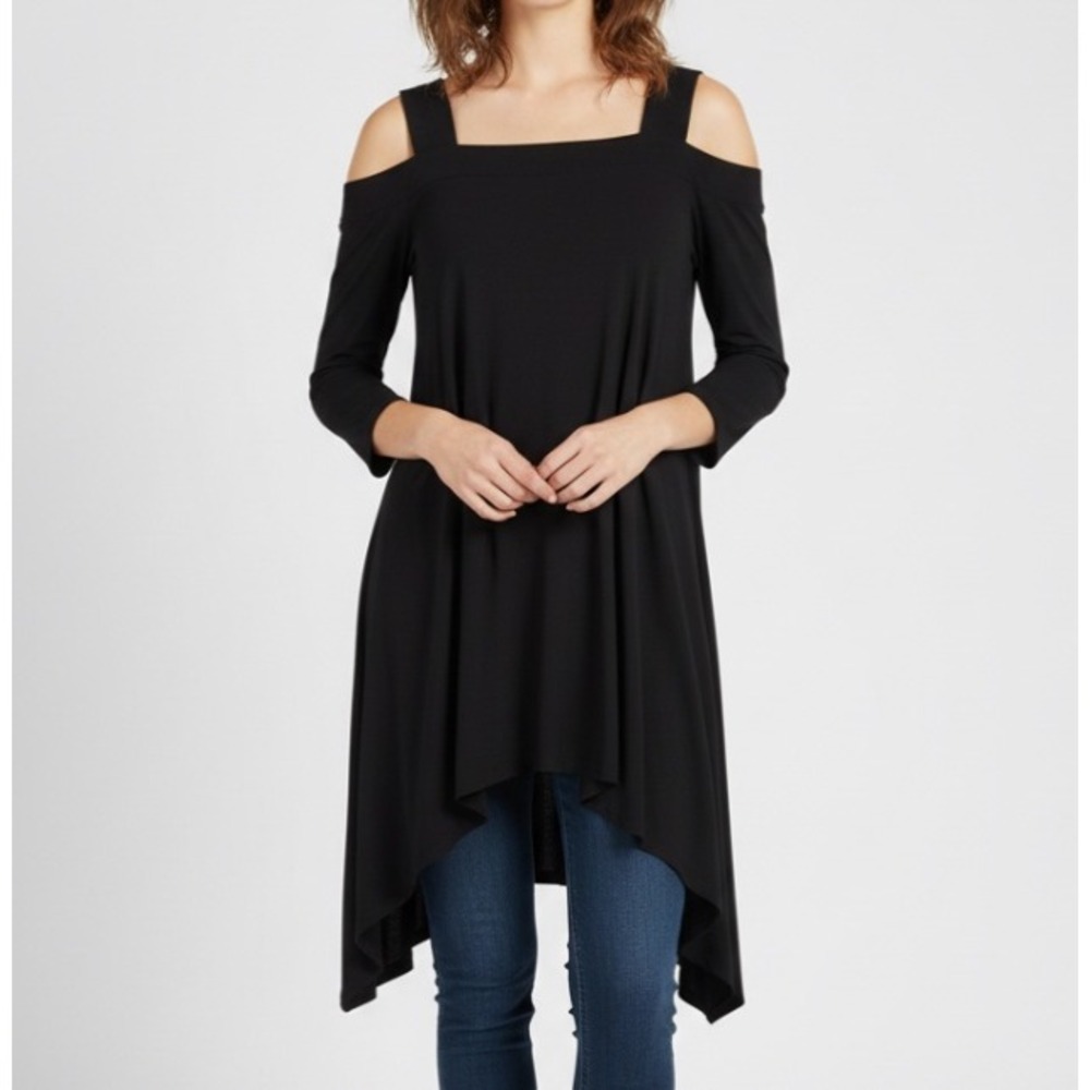 JOSEPH RIBKOFF Black STRETCH KNIT Cold-Shoulder ASYMMETRIC HEM Hi-Lo TUNIC TOP 4
